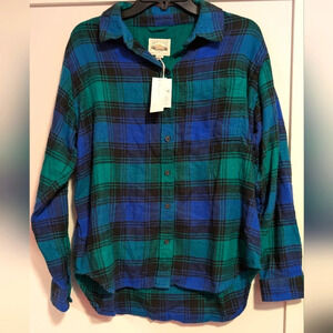 American Eagle Cotton Button Up Flannel Oversized Size XS Blue Green